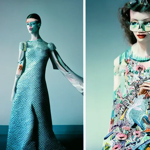 Image similar to Fashion photography of a woman wearing a Gucci dress inspired by a dolphin, artistic photography, insanely detailed, chiaroscuro, cinestill 800t, Vogue magazine