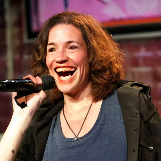 Prompt: 3 8 - year - old, short height, good - looking, standup comedian, skateboarder style, pale complexion, female, irish and italian! and jewish descent, thin, on stage, laughing, telling jokes