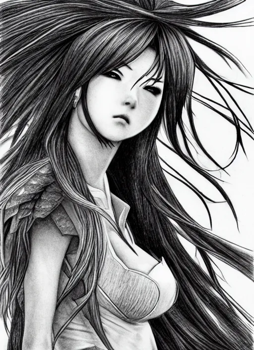 Image similar to hyper - realistic line art pencil drawing of a fantasy warrior anime woman withwith long hair twirling, very exaggerated fisheye perspective, art by shinichi sakamoto