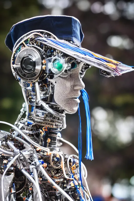 Prompt: a portrait photo of a extremely detailed robot wearing a oxford graduation hat. nikon z 9. 5 0 mm, f / 1. 8 photography. portrait photography. ultra hd, 8 k, graduation photo