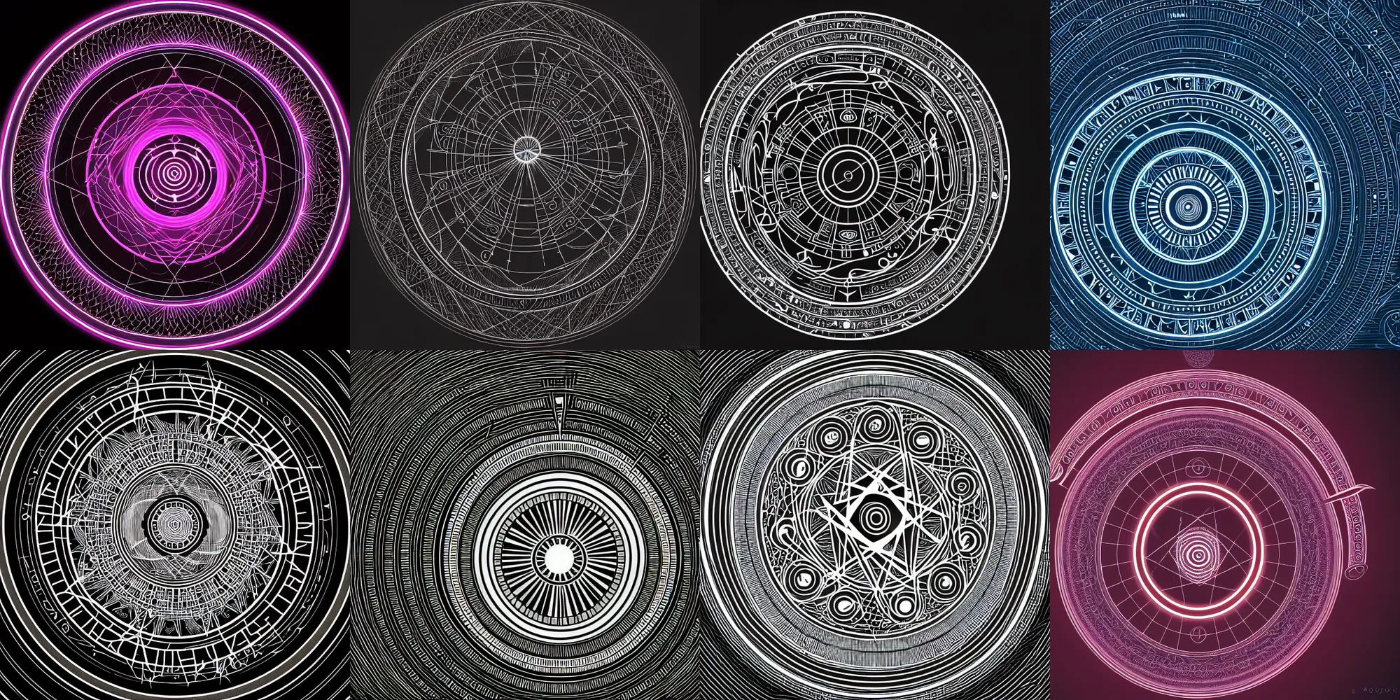 Prompt: magic circle, an intricate diagram of arcane symbolism, mystical, trending on polycount, crisp digital art, black background, rotational symmetry, radial symmetry