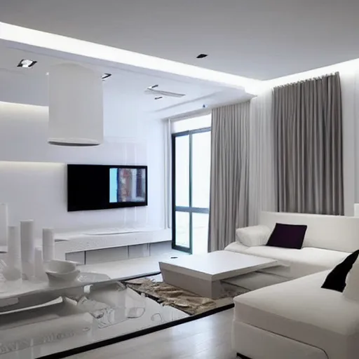 Image similar to modern living room apartment, white color scheme, concept art, bright