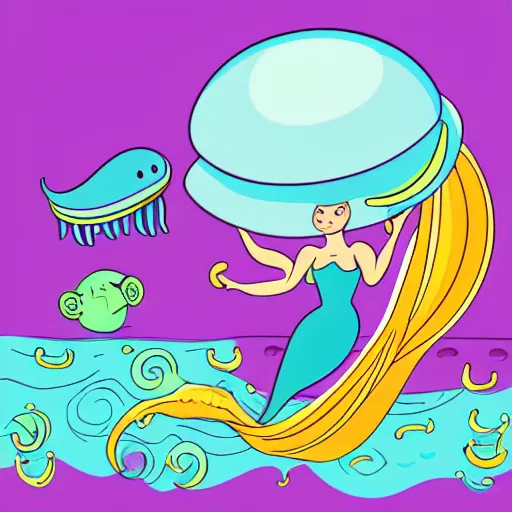 Prompt: A mermaid floating with jellyfish, For kids, Vector SVG without coloring, line only