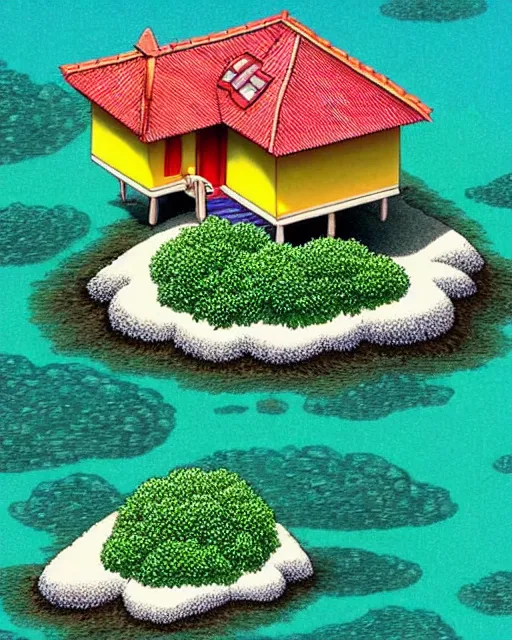 Prompt: kame house is a house on a very small island in the middle of the sea. it is the home of master roshi, and, for much of the dragon ball series, award winning animation by studio ghibli