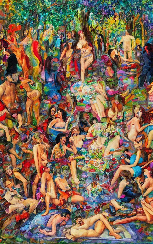 Prompt: social encounters, depictions of the scene and free love hangs - al fresco, postmodern painting, summer of love, sensuous, abstracted, highly detailed, hd