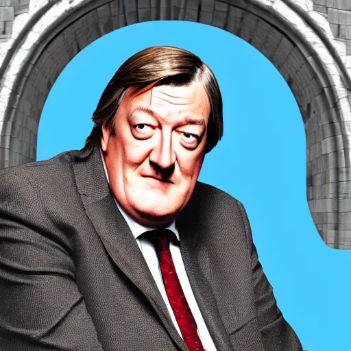 Image similar to Stephen Fry judging the world for its stupidity while sitting on a throne of knowledge., digital art 4k