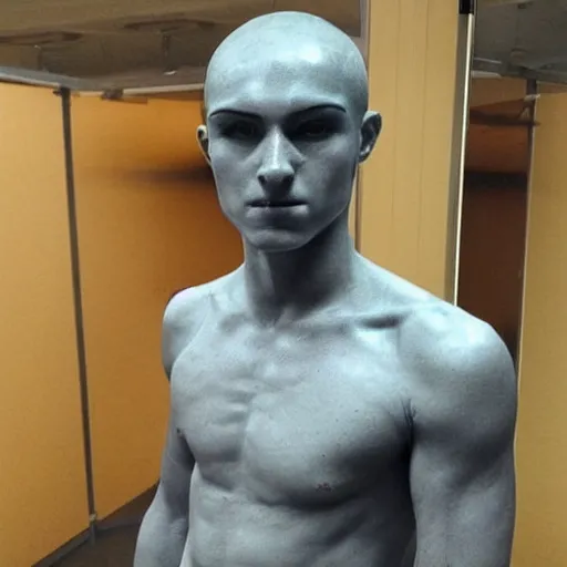 Image similar to “a realistic detailed photo of a guy who is an attractive humanoid who is half robot and half humanoid, who is a male android, American freestyle and folkstyle wrestler Daton Fix, shiny skin, posing like a statue, blank stare, at college, on display”