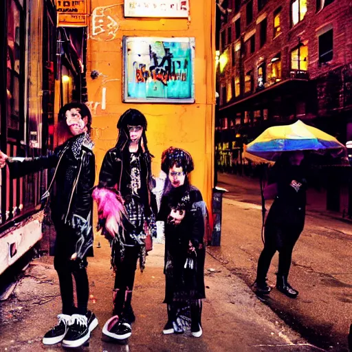 Image similar to flash portrait photography of punk and goth kids on the lower east side by annie leibowitz, colorful nighttime, raining!