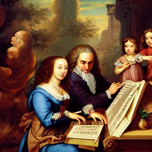 Image similar to baroque painting of johann sebastian bach playing the piano with his family in heaven