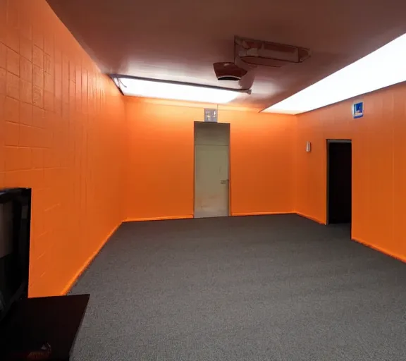 Prompt: a hall with orange walls and white tile floor, a split carpet, a black bench on the right, and a tv hanging in the right upper corner. end of the alley is dark and hard to see.