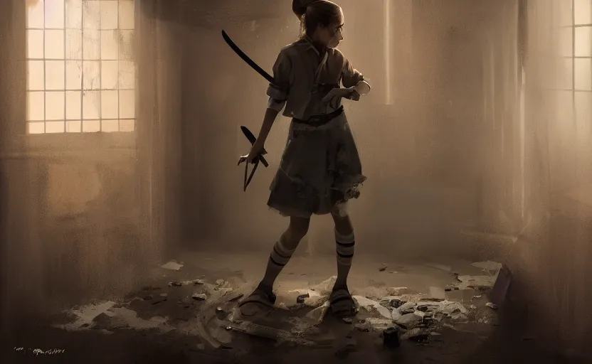 Image similar to School girl holding a katana and standing on an abandoned hospital room, horror sccene,, intricate, elegant, volumetric lighting, digital painting, highly detailed, artstation, sharp focus, illustration, concept art, ruan jia, steve mccurry