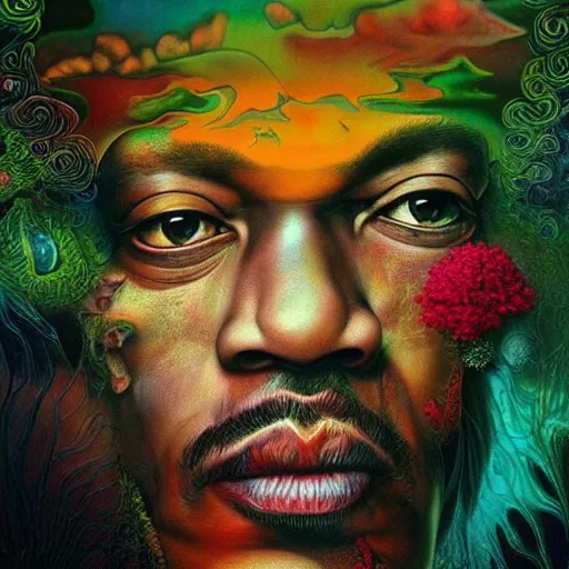 Image similar to colour masterpiece surreal closeup portrait photography of jimi hendrix by miho hirano and annie leibovitz and michael cheval, weird surreal epic psychedelic complex biomorphic 3 d fractal landscape in background by kilian eng and roger dean and salvador dali and beksinski, 8 k