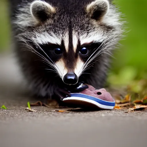 Prompt: a cute baby raccoon playing with a shoe, 5 0 mm f 1. 4