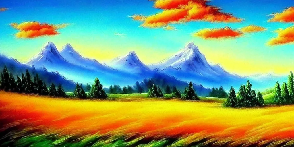 Prompt: a beautiful fantasy landscape art, orange clouds, blue sky and green grassland, snowy mountains, art by bob ross