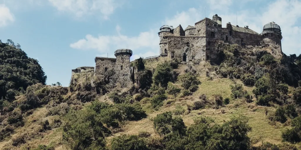 Image similar to photo of a victorian fortress on a hillside, military blue sky, victorian, detailed, architectural photography