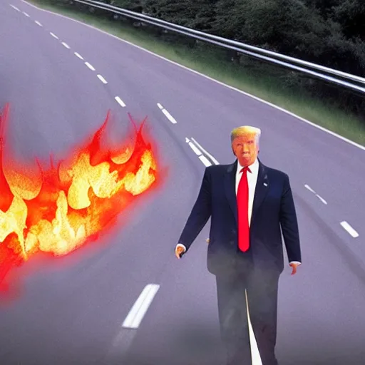 Prompt: photograph of donald trump on the highway firebending cars