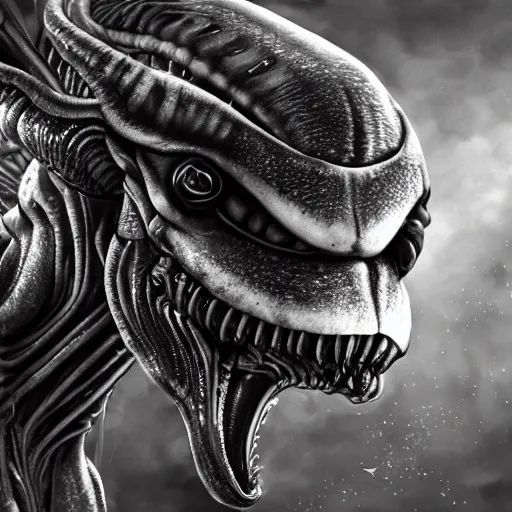 Prompt: xenomorph alien frog, eating a mosquito, alien by artist giger, bones background, intricate, concept art for movie, black and white colors, extreme detail, 4 k, detailed concept art, cgsociety, realistic lighting, sharp focus, backlit