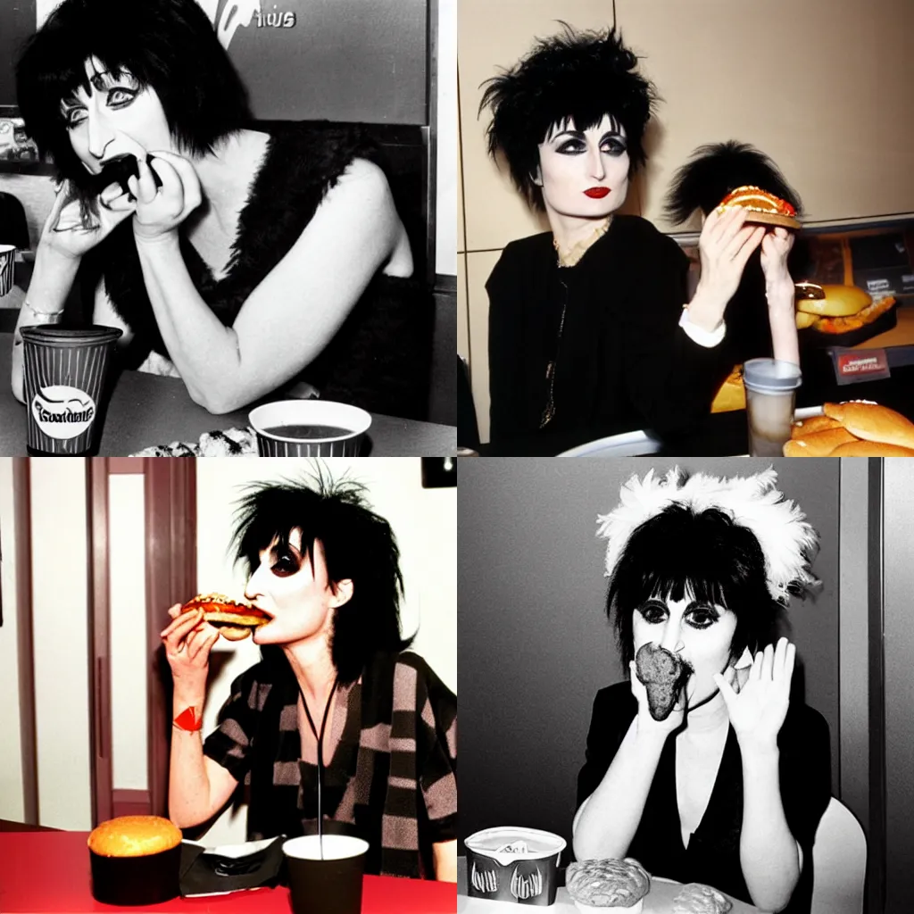 Prompt: siouxsie sioux eating a hamburger in mcdonalds