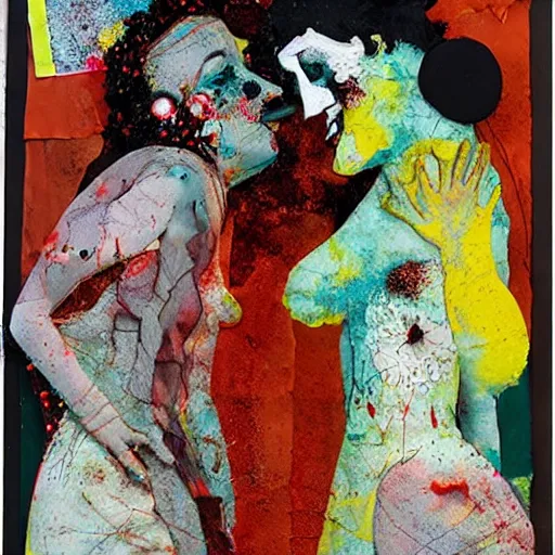Image similar to two horrifying women kissing at a carnival, mixed media collage, retro, paper collage, magazine collage, acrylic paint splatters, bauhaus, abstract claymation, layered paper art, sapphic visual poetry expressing the utmost of desires by jackson pollock