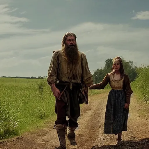 Prompt: medieval setting, tall farmer, muscular, stoic face, grizzled beard, with small teenage daughter with black hair, pale skin and pretty face, peasant girl clothes, walking a few meters behind him, walking along muddy road towards a village in the distance, cloudless blue sky, still from film, cinematic, mid shot