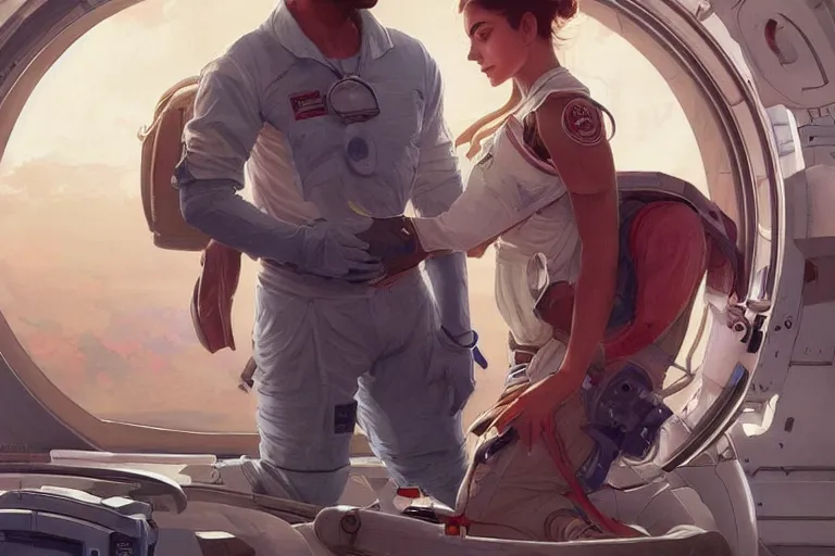 Image similar to Exhausted good looking pale young Indian doctors wearing jeans in a space station above Earth performing surgery, portrait, elegant, intricate, digital painting, artstation, concept art, smooth, sharp focus, illustration, art by artgerm and greg rutkowski and alphonse mucha