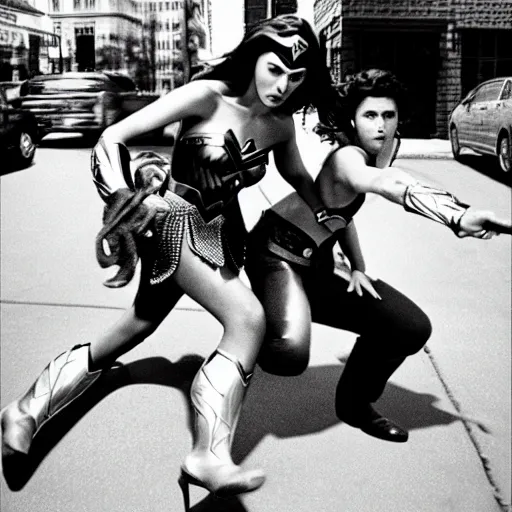 Prompt: Wonder woman lassos a bank robber, Gal Gadot, cinematic, 35mm lens