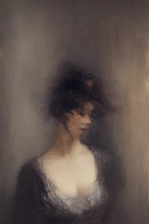 Image similar to detailed cinematic moody colors studio portrait of a victorian lady with a sensual pose with a blurred face high quality by jeremy mann, only one head single portrait