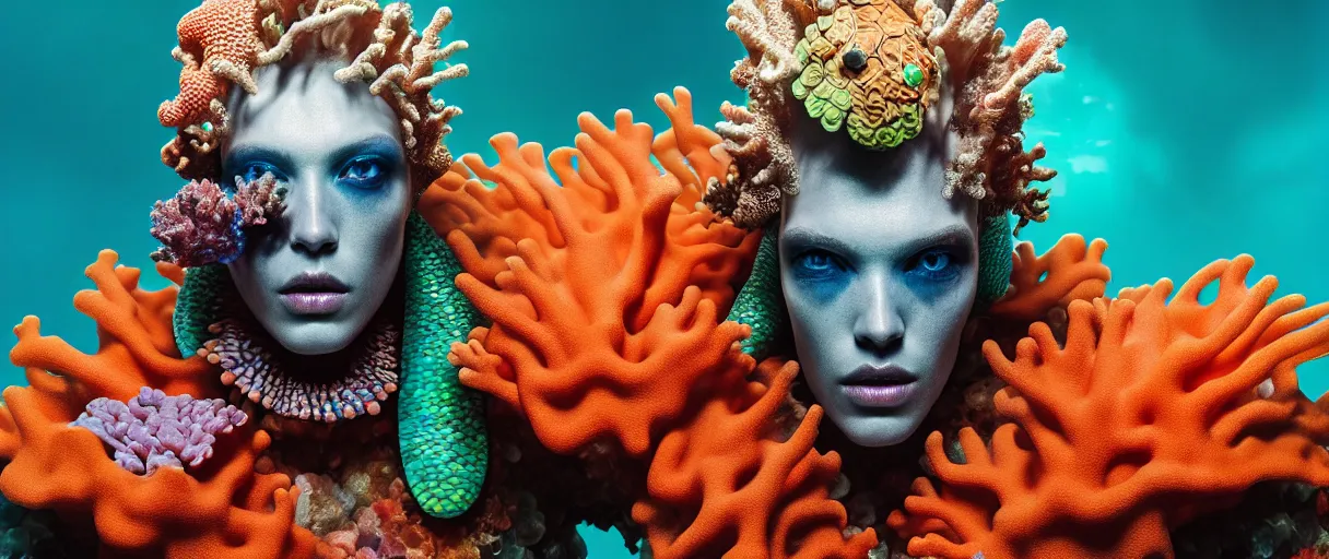 Image similar to hyperrealist highly detailed english medieval portrait of high fashion monster wearing reef armor, radiating atomic neon corals, concept art pascal blanche dramatic studio lighting 8k wide angle shallow depth of field