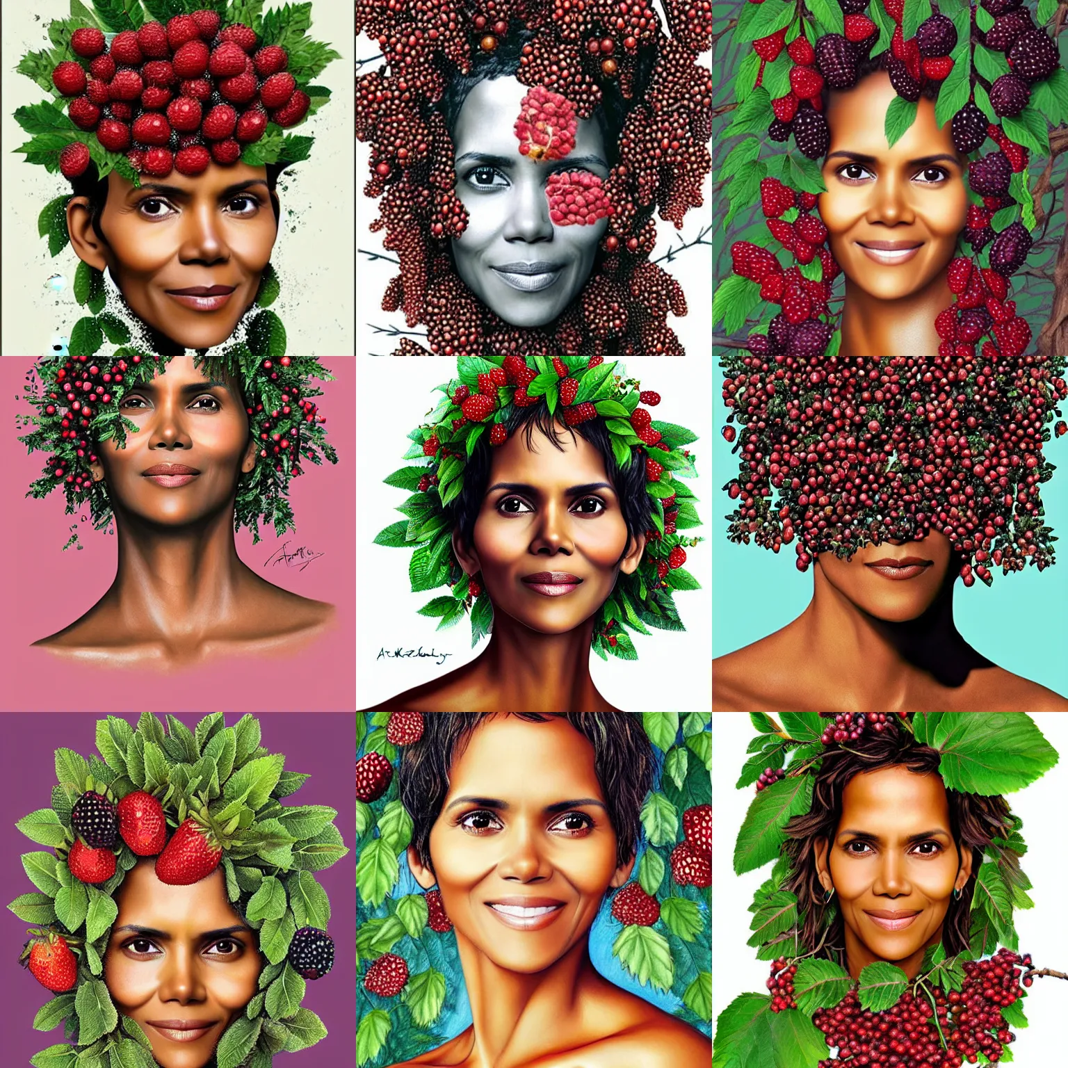 Prompt: halle berry head and face as berries, berries tree in the background, face made of wild berries, digital painting by arcimboldo