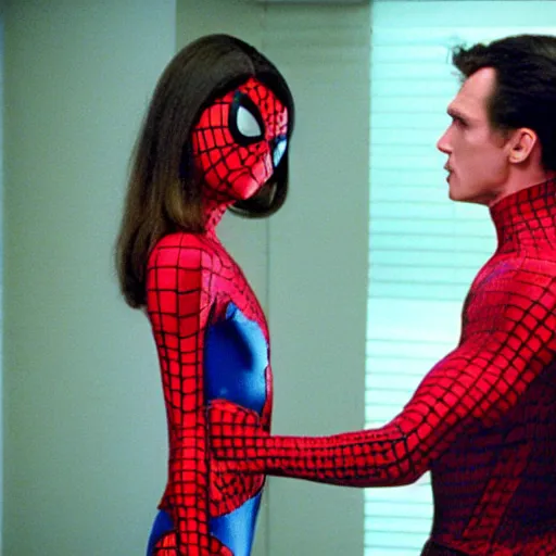 Image similar to Zendaya wearing Spiderman costume in American Psycho (1999)