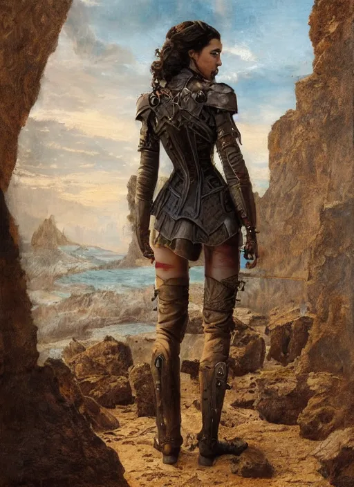 Image similar to oil painting of a highly detailed steampunk gal gadot with her hands behind the back while standing on a rock : leonardo da vinci, greg rutkowski, magali villeneuve