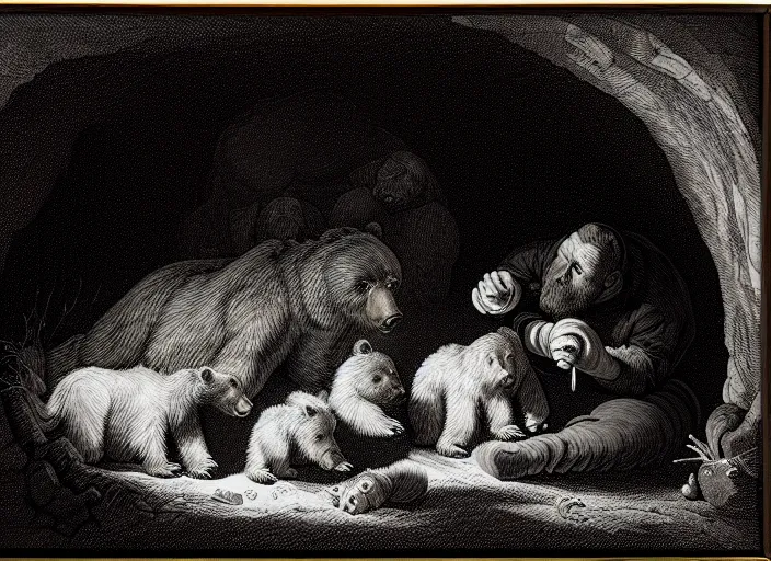 Image similar to Pieter Claesz's 'bear and her cubs sleeping in a dark cave lit by campfire', night time, cross hatching, framed