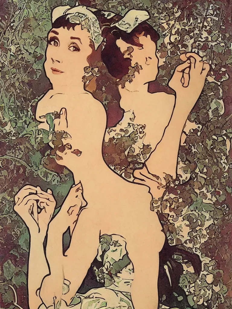 Image similar to three quarter shot audrey hepburn in breakfast at tiffany's by alphonse mucha, art nouveau