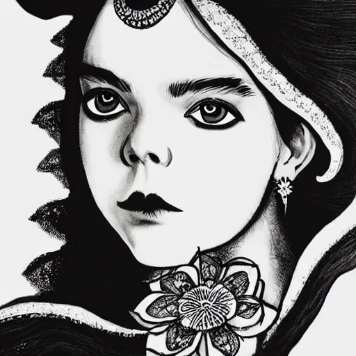 Prompt: black and white pen and ink!!!!!!! Suprani!!!!! sorcerer beautiful attractive long hair Anya Taylor-Joy wearing High Royal flower print robes flaming!!!! final form flowing ritual royal!!! Contemplative stance Vagabond!!!!!!!! floating magic witch!!!! glides through a beautiful!!!!!!! Camellia!!!! Tsubaki!!! death-flower!!!! battlefield behind!!!! dramatic esoteric!!!!!! Long hair flowing dancing illustrated in high detail!!!!!!!! by Hiroya Oku!!!!!!!!! graphic novel published on 2049 award winning!!!! full body portrait!!!!! action exposition manga panel black and white Shonen Jump issue by David Lynch eraserhead and beautiful line art Hirohiko Araki!! Frank Miller, Kentaro Miura!, Jojo's Bizzare Adventure!!!! 3 sequential art golden ratio technical perspective panels horizontal per page