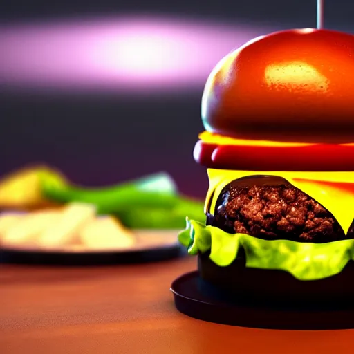 Image similar to a burger in the shape of a cat, with fries, volumetric lighting, 4 k