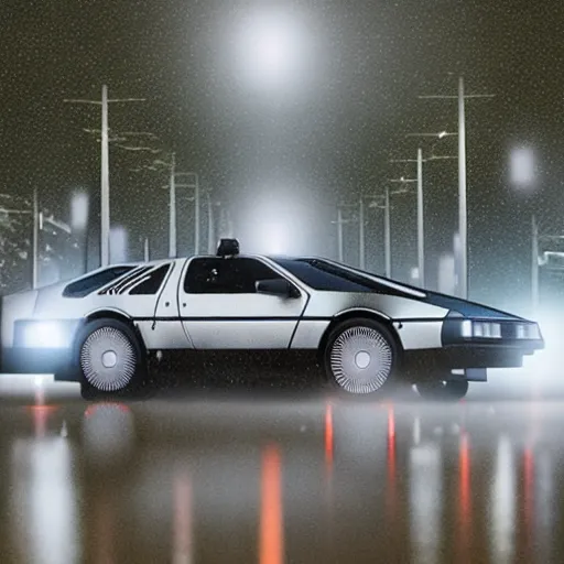 Image similar to hyperdetailed, photorealistic photograph of a dmc 1 2 delorean driving in the streets, rain, night, dense fog, hd, unreal engine 5