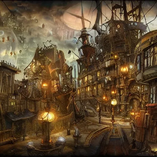 Image similar to Steampunk City places i wish were real pirate fashion nekclace clothing gothic fantasy artwork concept art landscape pretty plac village. Extremely Detailed.