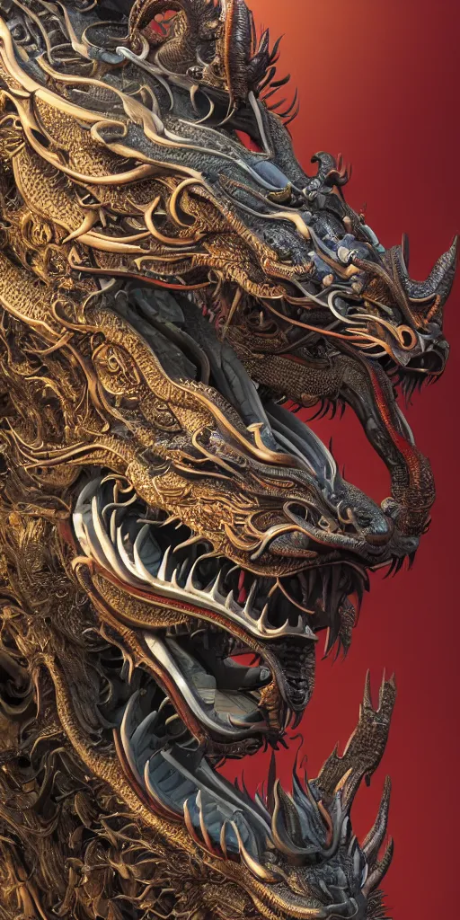 Image similar to a beautiful obverse portrait render of a single huge chinese dragon, mechanical, metal, front view, fine texture structure, hyper detailed, perfect shadows, atmospheric lighting, 3 d render, the style of pascal blanche and sparth juan zigor samaniego, paul pepera pablo roldan, victo ngai, denoise, from china, 4 k hd