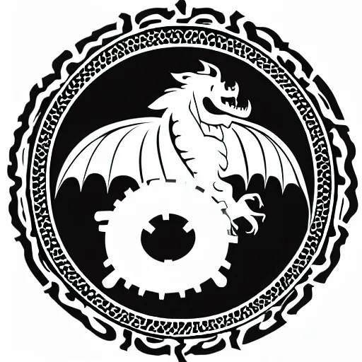 Image similar to a black logo on a white background of a well-designed head of a very cute dragon and gear wheel, vector graphics