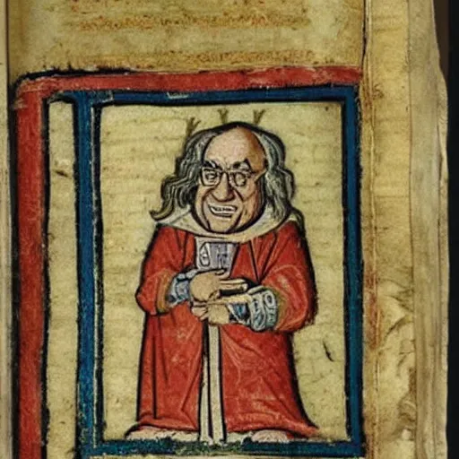 Image similar to medieval manuscript art of danny devito