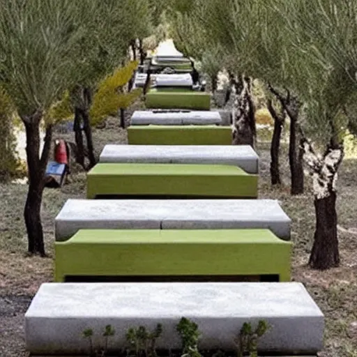 Image similar to creative concrete benches, colorful, olive trees