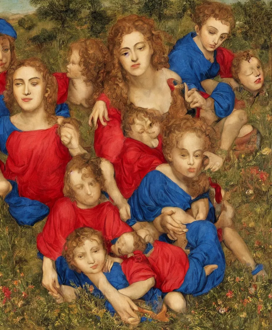 Prompt: Portrait of Madonna. In the Foreground is a Madonna with red shirt and blue cloth and two boys playing in the style of Raffael. Curly red hair. The boys are very small and only clothed with blue linen. They are sitting in a dried out meadow. One boy is playing with a cross. She is holding the other one back. Middleground is empty. On the horizon in the golden ratio, there is a lake with a town and mountains. Flat perspective.