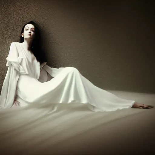 Image similar to kodak portra 4 0 0 long exposure photo portrait of a beautiful woman, dreaming in style of antoine d'agata, dressed a long white, elegant, highly detailed, sharp focus, octane render, ethereal, otherworldly colors, atmospheric, soft light, dreamy, volumetric lighting unreal engine, epic fantasy