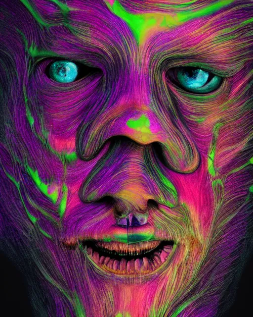 Image similar to realistic portrait of a creature experiment gone wrong, psychedelic, dark art, facing camera, photo realistic, detailed, 1 4 5 0, delicate, hyper realism, ultra realistic, 8 k