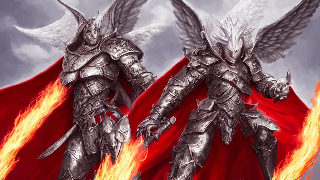 Image similar to male angel flying over hell, flame sword, white metallic armor, red cape, detailed arms, intricate white armor, two arms, two legs, detailed fanart, rpg art, d&d art, macro art, digital art, DeviantArt, artstation, 8k HD