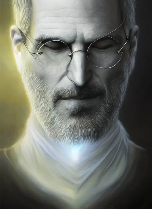 Image similar to Portrait of Steve Jobs, white glowing eyes, silver shaggy hair, cloak, ethereal wings, male, fantasy, extremely detailed, digital painting, artstation, concept art, smooth, sharp focus, illustration, stunning lighting, art by artgerm and greg rutkowski and alphonse mucha and simon stalenhag, realistic character concept, high fantasy, light atmosphere, golden ratio, cinematic lighting, hyperdetailed, high resolution, insanely detailed and intricate, artstation, Marc Simonetti, Greg Rutkowski, 8k