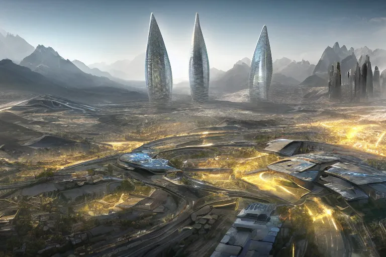 Prompt: futuristic city located in valley in kyrgyz, sunrise, vray, hdr, overhead view, photorealistic, highly detailed, 4 k, solarpunk