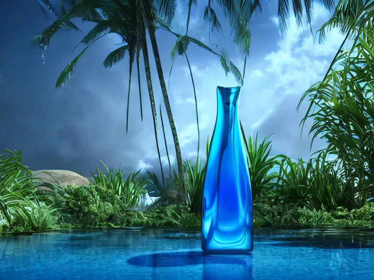 Image similar to perfume bottle standing in a desert oasis in deep blue pond water surrounded by tropical flora by zaha hadid ; octane highly render, 4 k, ultra hd, 2 0 0 mm, mute dramatic colours, soft blur outdoor stormy sea background, volumetric lighting