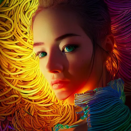 Image similar to the portrait of a ridiculously beautiful and pretty woman partially made of onion rings of all colors looking up, an ultrafine detailed illustration by james jean, final fantasy, intricate linework, bright colors, behance contest winner, vanitas, angular, altermodern, unreal engine 5 highly rendered, global illumination, radiant light, detailed and intricate environment