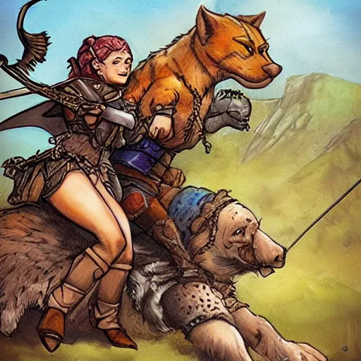 Image similar to D&D art of a female halfling rogue with hairy feet, riding on top of a panther through waterdeep, sunny afternoon